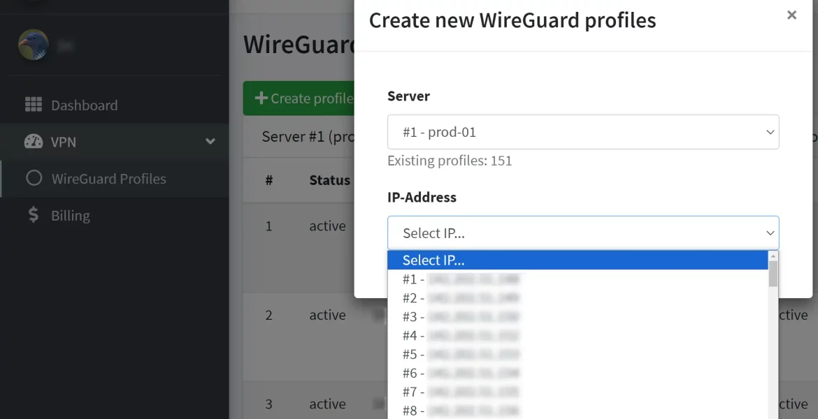 VPN-Dashboard Evowire